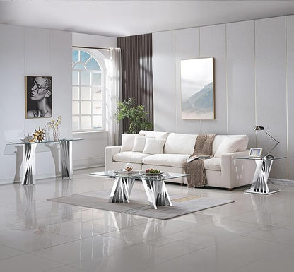 Goujxcy Modern Glass Coffee Table 51" Silver Center Table with Tempered Glass Top and Mirror Finish Stainless Steel Legs, Luxury Rectangular Coffee Table for Living Room Apartment (Silver)
