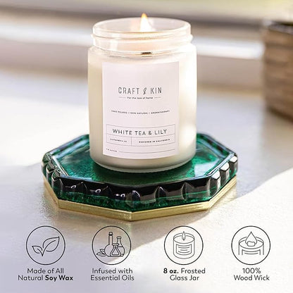 Craft & Kin White Tea & Lily Christmas Scented Candle | 8 Oz 45 Hour Long Lasting | Classic Soy Scented Woodwick Holiday Candles | Made with Natural Soy | Winter Candles Gifts for Men and Women