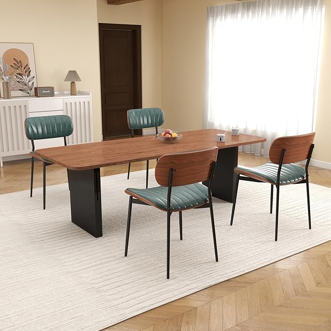 Mid Century Modern Dining Chairs Set of 4,Upholstered Faux Leather Kitchen Chairs with Walnut Bentwood Back and Metal Legs for Kitchen Dining Room Living Room, Green