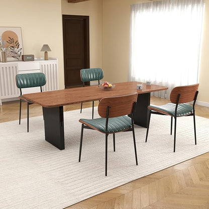 Mid Century Modern Dining Chairs Set of 4,Upholstered Faux Leather Kitchen Chairs with Walnut Bentwood Back and Metal Legs for Kitchen Dining Room Living Room, Green