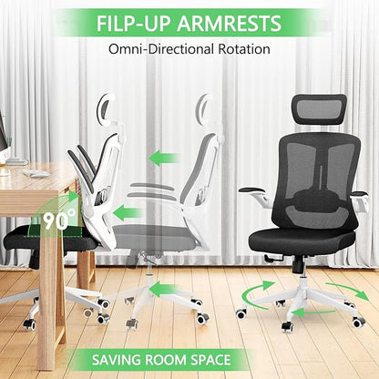 Office Chair,Ergonomic Comfy Home Desk Chair with 350LBS Capacity,High Back Gaming Chair with Wheels,Mesh Computer Chair,Lumbar Support, Adjustable Headrest,Flip-up Armrest (B-Black + White)
