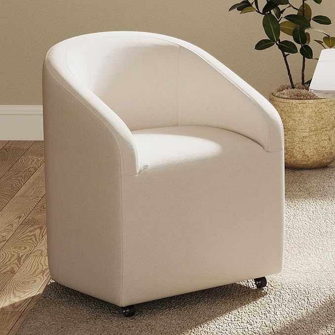 Modern White Upholstered Dining Chairs with Swivel Casters, Linen Barrel Back Accent Side Chair for Dining Room Living Room, Beige