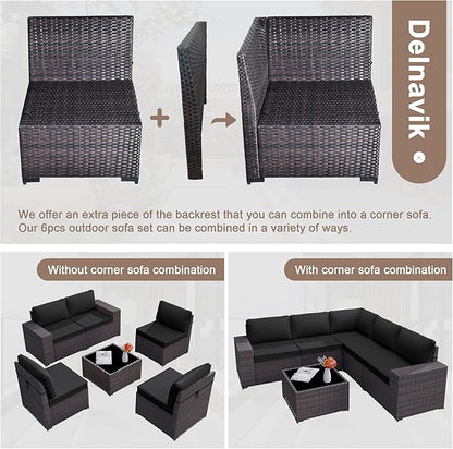 Kurapika 6 Pieces Patio Furniture Set, Rattan Outdoor Conversation Sets w/4 Inch Cushion and Glass Coffee Table(Black)