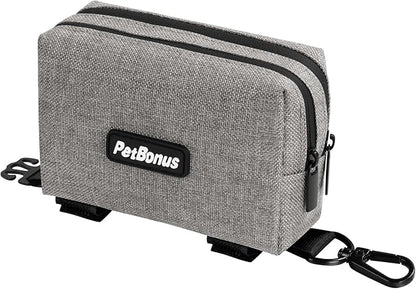 PetBonus Dog Poop Bag Holder, Portable Pet Waste Bag Dispenser, 2 Pouches for Treats and Walking Accessories, Fit All Leashes, Includes 1 Roll of Dog Poop Bags (Grey)