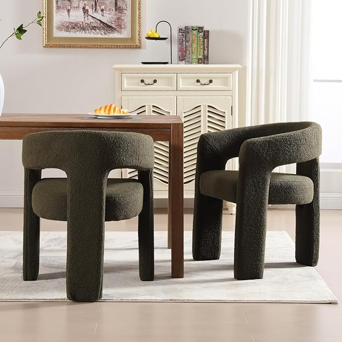 Modern Sherpa Dining Chairs Set of 2, Upholstered Barrel Chairs with Arms Comfy Accent Side Chairs for Living Room/Dining Room/Reception, Green