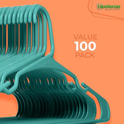 NEATERIZE Clothes Hangers Plastic 100 Pack for Adults - Plastic Hangers, The Perfect Coat Hanger and Space Saving Clothes Hangers for Closet, Percheros Ganchos para Colgar Ropa Hangars - Aqua Hangers