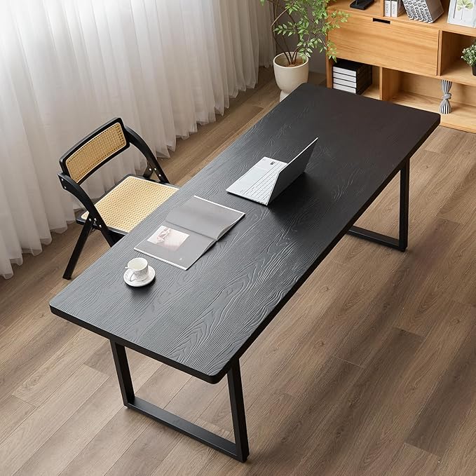 Modern Solid Wood Dining Table with Metal Base Stylish Durable Dining Room Table in Black Multiple Sizes Home Use Office Desk(55.12in)
