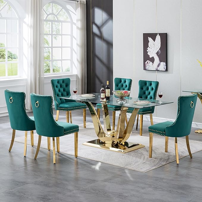 70" Modern Gold Glass Dining Table Set for 6, 7-Piece Rectangle Kitchen Dining Room Table Set with Steel Base & 6 Green Velvet Upholstered Chairs, Modern Glass Kitchen Table and Chairs Set of 6