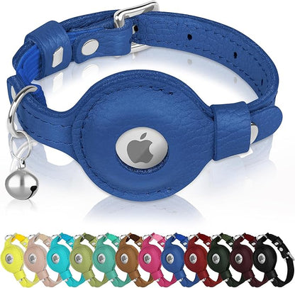 OOPSDOGGY Cat Collar for AirTag Holder, Leather Kitten Collars with Elastic Strap & Bell, Non Breakaway Adjustable Small Pet Collars for Indoor & Outdoor for Boy, Girl (Blue)
