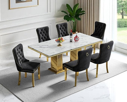 68" Faux Marble Dining Table Set for 6, 7-Piece Dining Set with White Gold Kitchen Table and 6 Velvet Tufted Chairs, Modern Rectangular Dining Room Tables with Column-Shape Stainless Steel Base