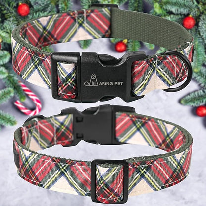 ARING PET Christmas Dog Collar, Cute Red Green Plaid Cotton Lightweight Pet Puppy Collars for Small Medium Large Dogs-M