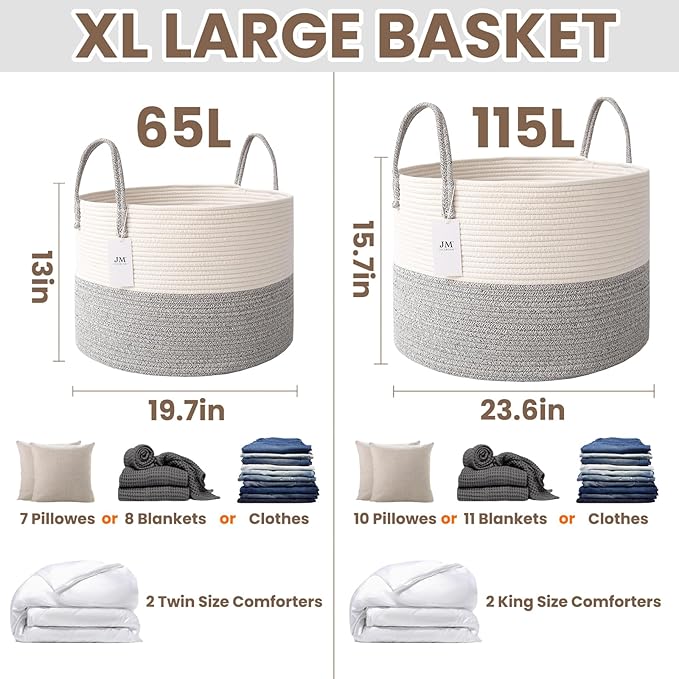 Woven Blanket Basket,65L Large Rope Storage Bin with Handles, Organizer for Blankets Toys Book and Clothes, Laundry Basket for Living Room Bedroom Nursery,White&Grey