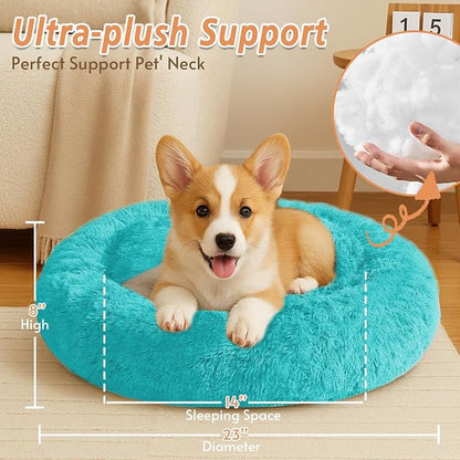 JOLLYVOGUE Calming Dog Bed for Small Dogs - 23 inches Donut Washable Small Dog Bed for Kittens & Puppies, Anti-Slip Round Fluffy Plush Faux Fur Cat Beds (Fits up to 25 lbs Pets, Aqua Blue)
