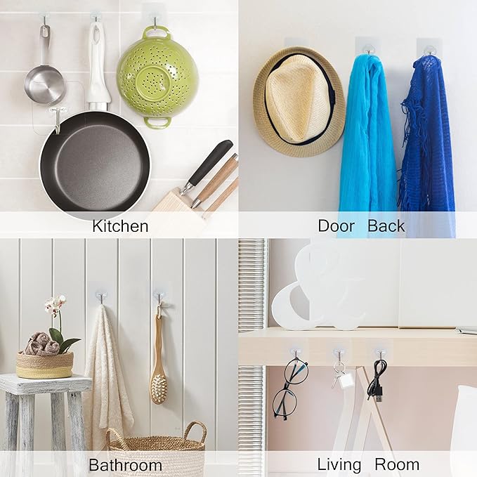 Adhesive Hooks, 32 Pack 33lb(Max) Sticky Hooks, Transparent Reusable Removable Adhesive Hooks for Hanging, Wall Hooks for Hanging Can be Use for Kitchen Bathroom Shower Outdoor Home Improvement
