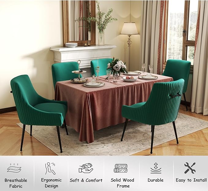 Dining Chairs Set of 4,Modern Velvet Accent Kitchen Chairs,Dark Green Striped Dining Chairs with Black Legs Upholstered Guest Chairs for Living Room/Kitchen/Restaurant/Study Room