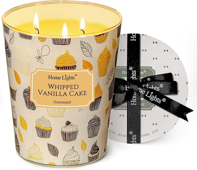 HomeLights Soy Wax Candles for Home Scented, 3-Wick Candles in Whipped Vanilla Cake Scented, Rustic Modern Aromatherapy Candles Gift for Parties, Relaxing, 34oz
