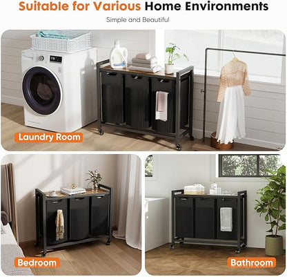 Sweetcrispy Laundry Hamper with 3 Pull-Out Removable Sorter Bags, Movable Wheels, Freestanding Clothes Basket Organizer in Bathroom, 3 × 10.6 Gal (120L) Capacity, Rustic Brown and Black