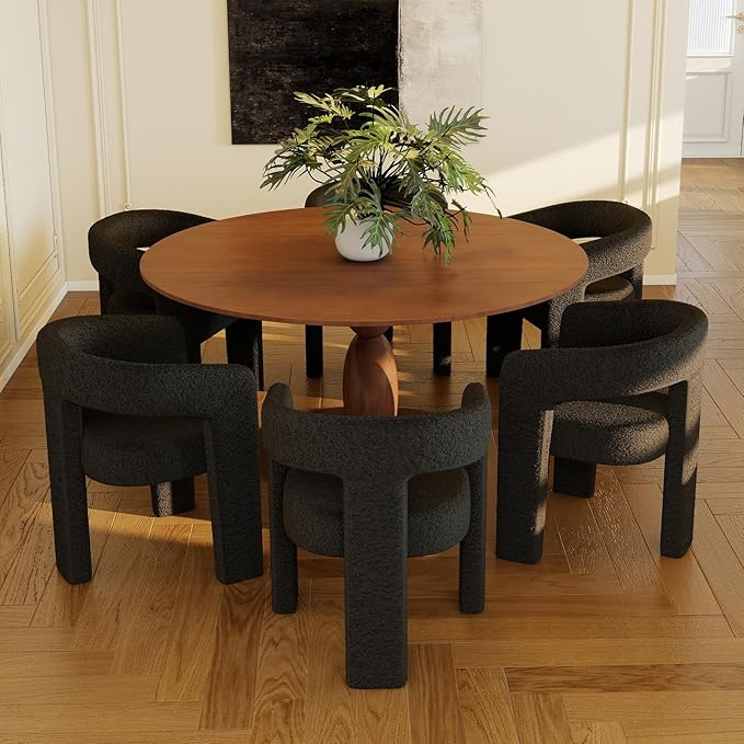 Black Dining Chairs Set of 6, Upholstered Sherpa Barrel Chairs with Arms Comfy Accent Side Chairs for Living Room/Dining Room/Reception, Black