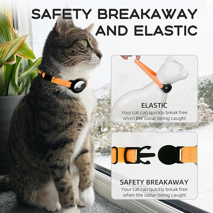 AirTag Cat Collars, Stretchy Collar with Apple AirTag Holder and Bell, Breakaway Ultra Design Elastic GPS Tracking Collars for Cats and Puppies, (7.5-12.5 Inch), Orange