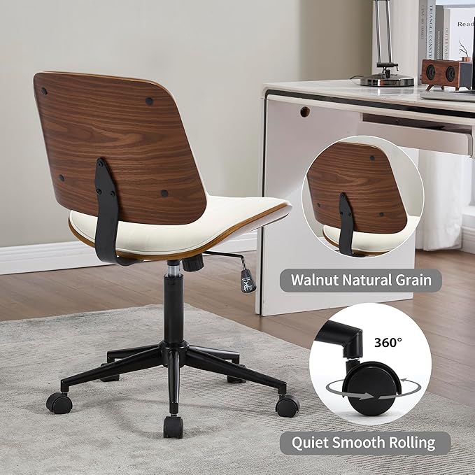 Small Home Office Chair - Armless Mid Back Desk Chair with 360° Swivel and Wheels, PU Upholstered Height Adjustable Modern Walnut Computer Chair for Home, Office Meeting Room - White