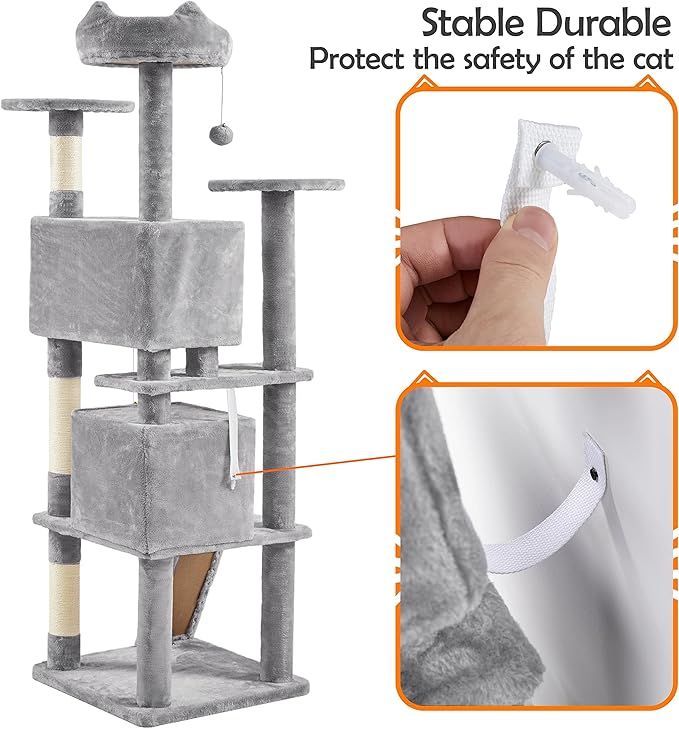 Yaheetech Multi-Level Cat Tree Cat Tower for Indoor Cats Cat Condo Furniture with Sisal Scratching Post, 61in, Light Gray