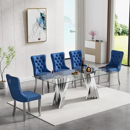Goujxcy Modern 7 Piece Glass Dining Table Set Luxury Glass Kitchen Table and Chair Set for 6, 70" Large Rectangular Dining Room Table with 6 Tufted Chairs and Stainless Steel Legs (Silver & Blue)