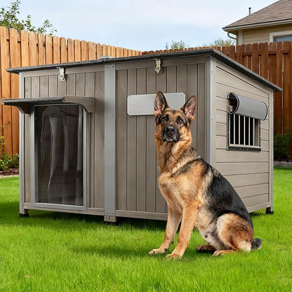 55"L Dog House Outdoor Large Breed Extra XL Wooden Dog House with Weatherproof Asphalt Roof, All-Around Iron Frame, Removable Floor, Openable Top Roof, Air Vents Window for Medium to Large Dogs