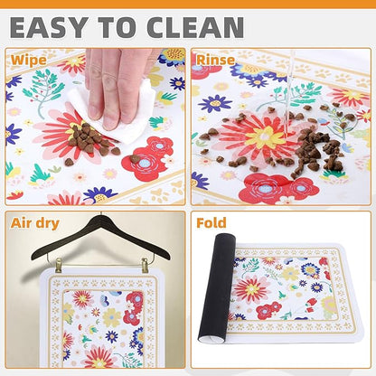 KOOLTAIL Dog Food Mat, 2 Pack Absorbent Pet Feeding Mat for Food and Water Bowls, Placement Pad for Floors with Waterproof Rubber Backing, Quick Dry Water Dispenser Mat for Dogs Cats, Flower, 12"x20"