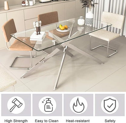 60.6'' Tempered Glass Dining Table for 4-6 People, Rectangle Kitchen Table with X-Base Metal Legs, Adjustable Feet, Glass Top Desk for Home Office Silver Dining Room Table for 6