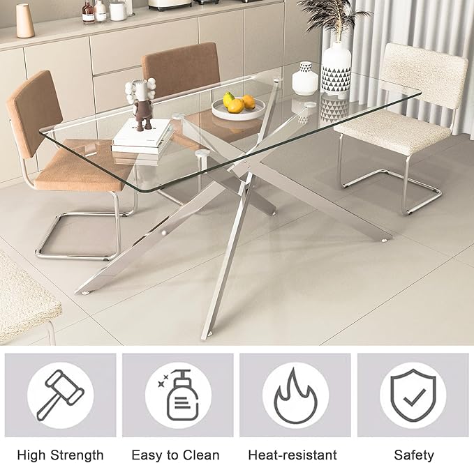 Goujxcy Glass Dining Table Set for 4, Modern Kitchen Table and Chairs Set of 4, 5-Piece Kitchen Dining Room Table Set w/61 Glass Silver Dining Table and 4 Blue Velvet Upholstered Chairs