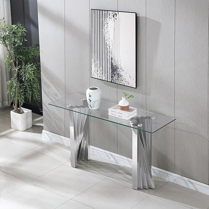 Goujxcy Modern Glass Console Table 55" Entryway Table with Tempered Glass Top and Mirror Finish Stainless Steel Legs, Luxury Rectangular Sofa Table for Living Room Hallway Corridor Table (Silver)