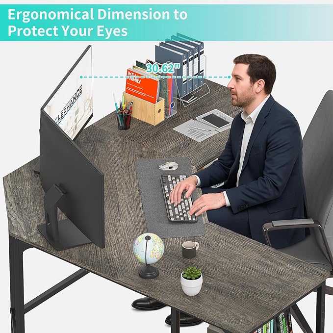 Elephance Large L-Shaped Computer Desk with Shelves, Corner Desk, Home Office Writing Workstation, Gaming Desk PC Latop Table with Storage