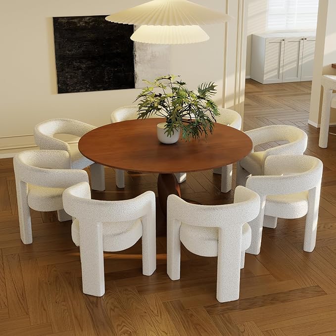 Modern Sherpa Dining Chairs Set of 8, Upholstered Barrel Chairs with Arms Comfy Accent Side Chairs for Living Room/Dining Room/Reception, White