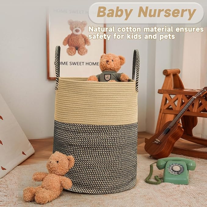 Large Woven Laundry Basket Hamper,60L Cotton Rope Storage Bin for Blankets,Toys and Clothes,Decorative Tall Nursery Hamper for Living Room,Baby Nursery,Bathroom and Bedroom,Brown and Black