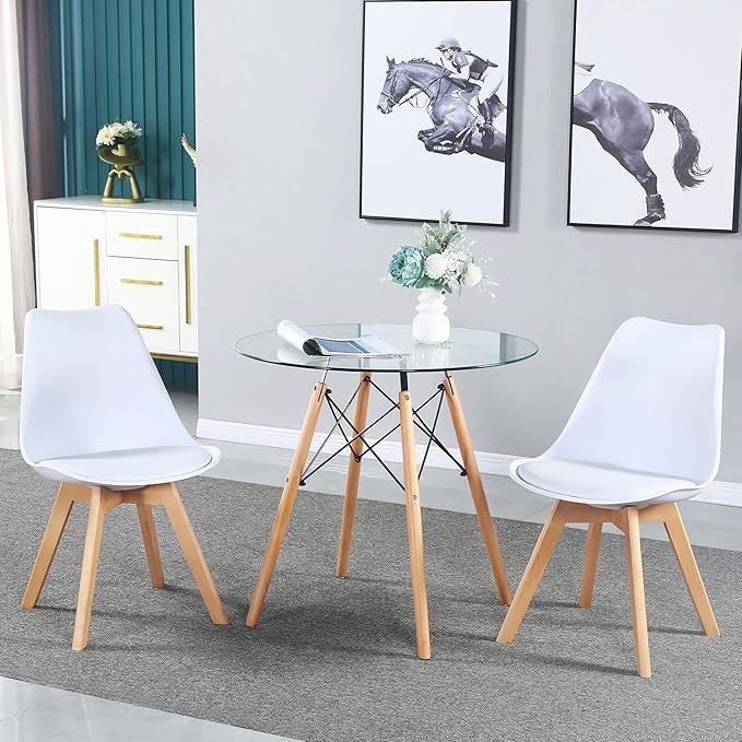 31.5 Inch Small Round Dining Table for 4 People Kitchen Home Modern Leisure Wood Legs Table Glass