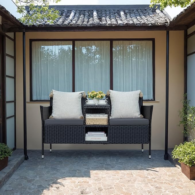 Greesum Patio Loveseat Outdoor Wicker Furniture Conversation Set with Soft Cushions & Built-in Coffee Table for Lawn Garden Backyard, Gray