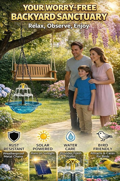 Solar Cascade Hanging Bird Bath Fountain, 2026 New Outdoor Hanging Bird Bath with Solar Fountain, Large Humming Birds Baths Fountains, with Solars Pump & Glass Bowl, for Outdoor, Gardens (#9)