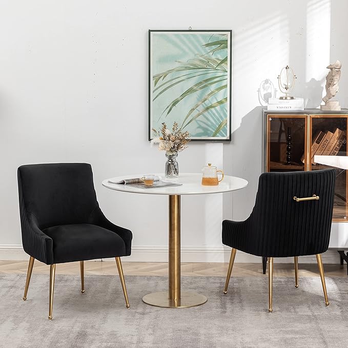 Dining Chairs, Accent Chairs Set of 2, Modern Upholstered Kitchen Dining Room Chairs with Gold Legs, Fabric Tufted Velvet Living Room Chairs for Reception Room Bedroom Guest Room (Black)