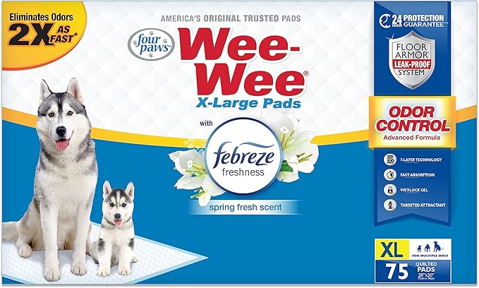Four Paws Wee-Wee Odor Control with Febreze Freshness Pee Pads for Dogs & Puppies, Leak-Proof Dog Housebreaking Potty Training Floor Protection, Spring Fresh Scent, 28" x 30", 75 Count