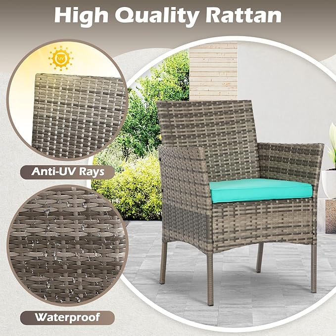 FDW | 4-Piece Patio Furniture Set | Gray & Blue | Outdoor Wicker Furniture with Coffee Table | Modern Rattan Chairs Conversation Set | Outdoor Seating | Weather-Resistant | for Porch, Garden, Lawn