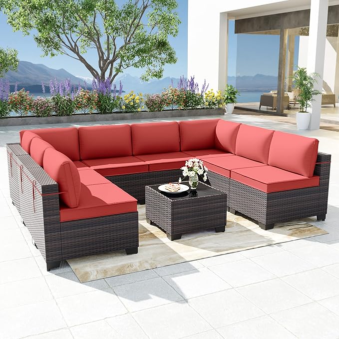 Kurapika 9 Pieces Patio Furniture Set, Rattan Wicker Outdoor Conversation Sets w/4in Cushion and Glass Coffee Table(Red)