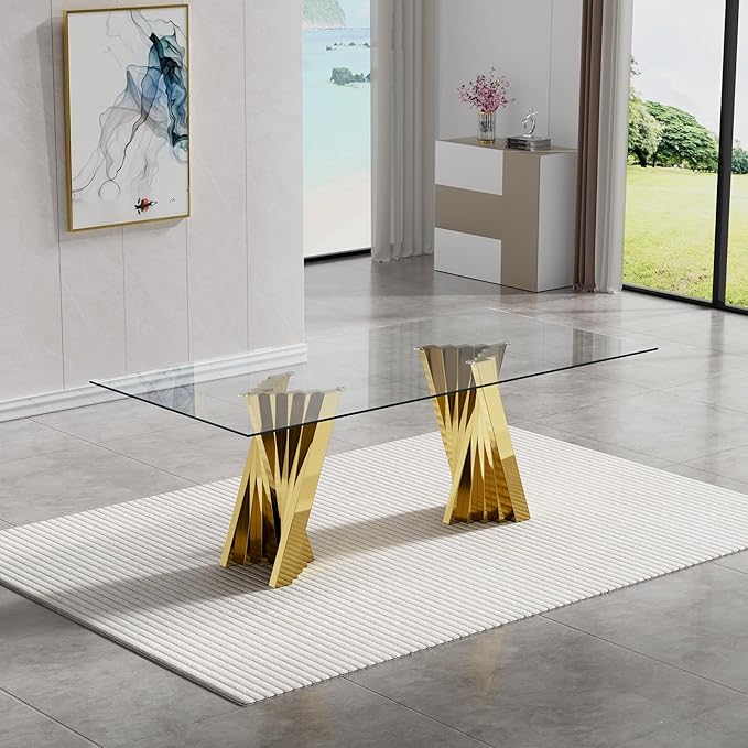 Goujxcy Modern 7 Piece Glass Dining Table Set Luxury Glass Kitchen Table and Chair Set for 6, 70" Large Rectangular Dining Room Table with 6 Tufted Chairs and Stainless Steel Legs (Gold & Grey)