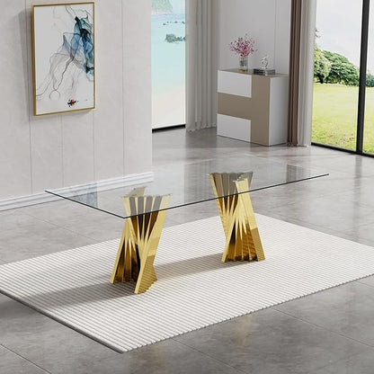 Goujxcy Modern 7 Piece Glass Dining Table Set Luxury Glass Kitchen Table and Chair Set for 6, 70" Large Rectangular Dining Room Table with 6 Tufted Chairs and Stainless Steel Legs (Gold & Grey)