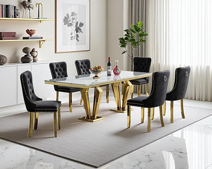 70" Faux Marble Dining Table Set for 6, 7-Piece Dining Set with White Gold Kitchen Table and 6 Velvet Tufted Chairs, Modern Rectangular Dining Room Table with Diamond-Shape Stainless Steel Base