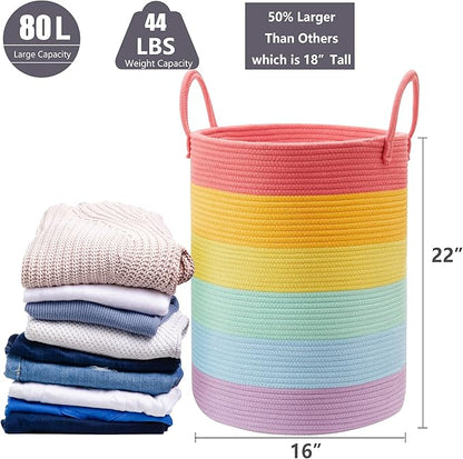 80L Extra Large Rainbow Laundry Hamper Basket for Girls Kids Tall Unicorn Baby Nursery Hamper for Clothes Woven Roper Blanket Toy Basket in Living Room Playroom Bedroom