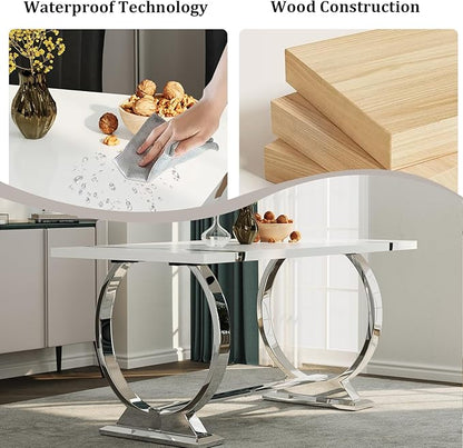 ACEDÉCOR 60in White and Silver Dining Table for 4-6, Modern Luxury Kitchen Room Table with Rectangular Lacquer Top and Silver Stainless Steel Circle Base