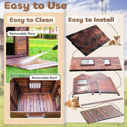 Large Pine Wood Dog House Outdoor with Removable Elevated Floor,Lockable Door,Adjust Windows,Easy to Clean,Safe Dog Kennel Outdoor for Large Breed