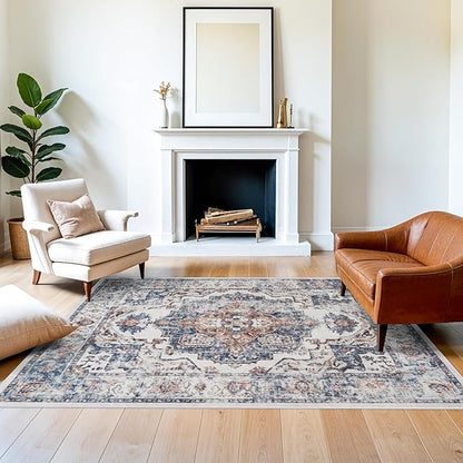 5x7 Living Room Area Rugs: Washable Non-Slip Stain Resistant Rug for Nursery Bedroom Dining Room Vintage Ultra Soft Indoor Carpet for Kitchen Farmhouse Distressed Floor Mat for Home Office (5x7 Brick)