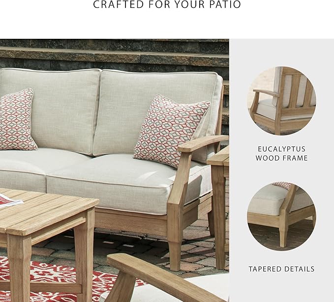 Signature Design by Ashley Clare View Coastal Outdoor Loveseat, Cushioned with Nuvella Fabric, Protective Finish, Eucalyptus Wood, 55.5" W x 35" D x 32" H, Beige