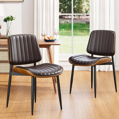 Dining Chairs Set of 2, Mid Century Modern Dining Room Kitchen Chairs, Upholstered PU Leather Vertical Stripe Chairs for Vanity with Walnut Bentwood and Metal Legs, Brown